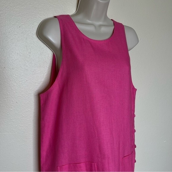 Denim and Co Linen Blend Jumper Dress Pink Maxi Button Side Pockets Women Small - Picture 2 of 13